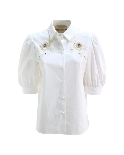 Valentino Garavani White Floral-Appliqué Puffed-Sleeve Shirt