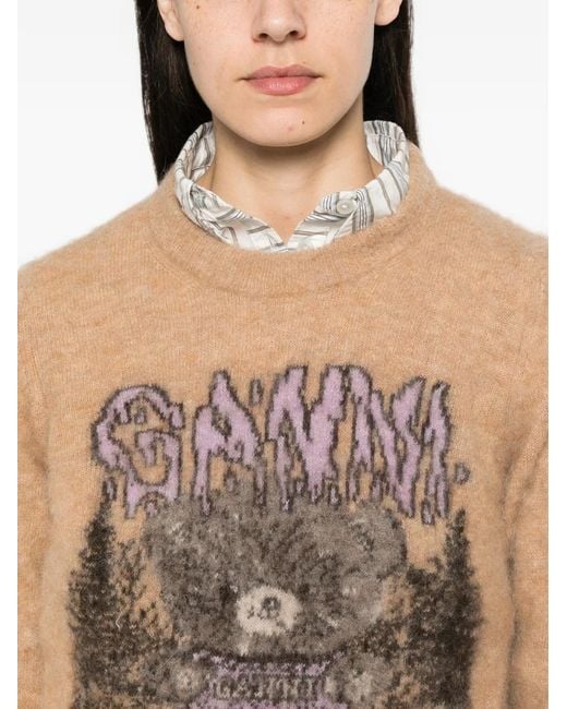 Ganni White Graphic-Intarsia Crew-Neck Sweater