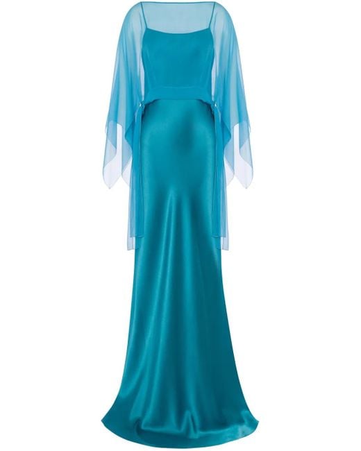 Alberta Ferretti Blue Long Satin Dress With Removable Chiffon Cape Top