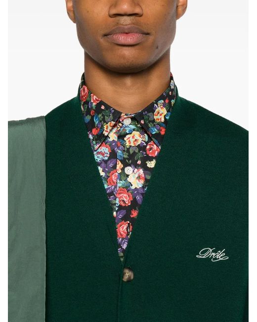 Drole de Monsieur Green Embroidered-Logo Knitted Cardigan for men