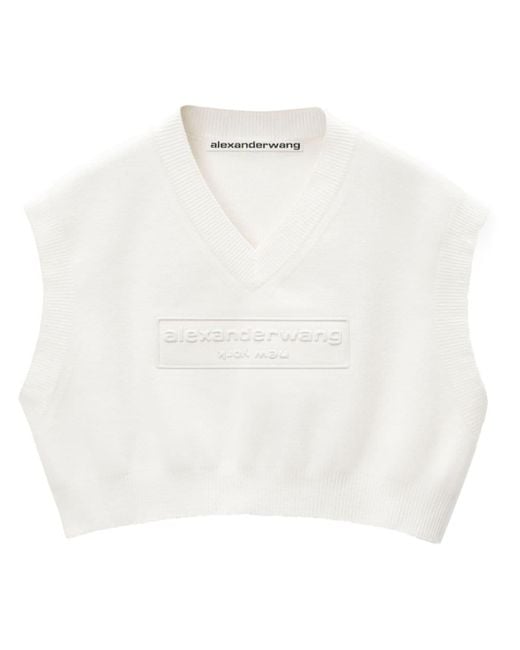 Alexander Wang White Logo-embossed Cropped Knitted Top