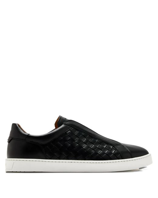 Magnanni Shoes Black Woven Leather Slip-On Sneakers for men
