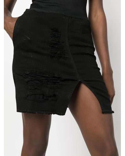 Rick Owens Black Distressed Denim Mini Skirt