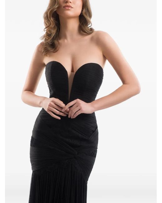 IMROSKA Black Ruched Lace-Panel Gown