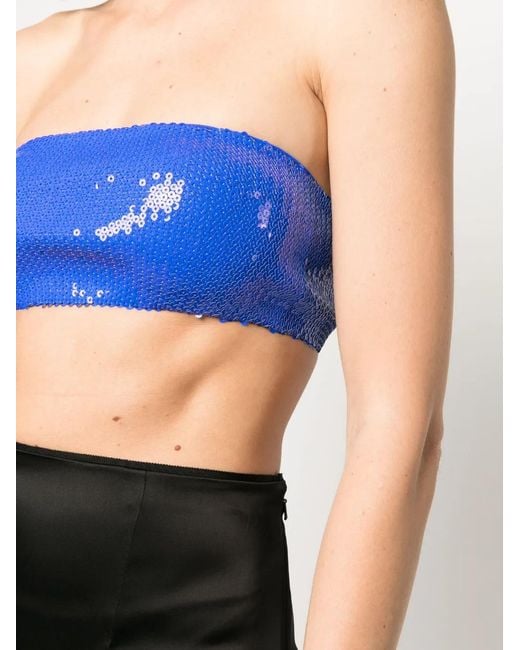 David Koma Blue Sequin-Embellished Strapless Crop Top