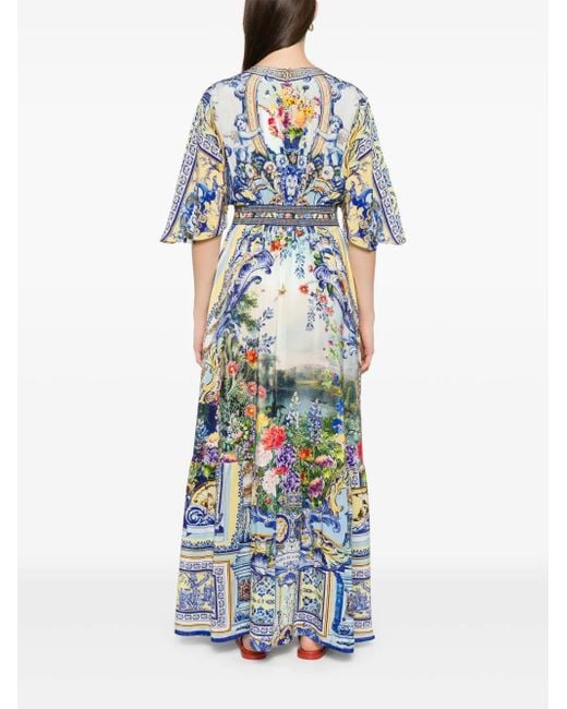 Camilla Blue Fitted-Waist Silk Maxi Dress