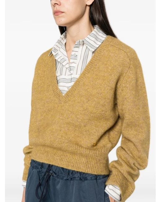Ganni Natural Ribbed-Trim V-Neck Sweater