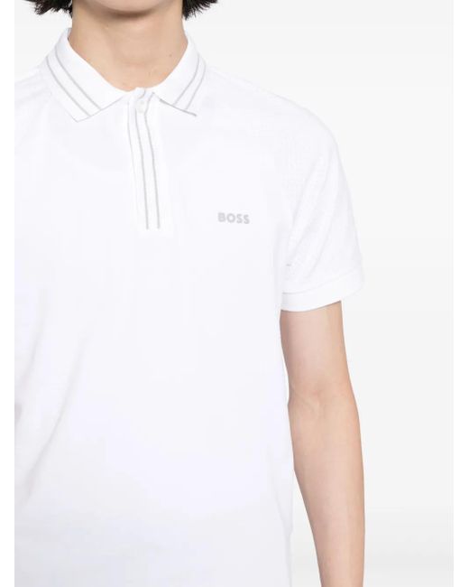 Boss White Logo-Print Striped-Trim Polo Shirt for men