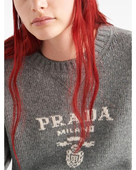 Prada Gray Logo-Intarsia Cashmere Sweater
