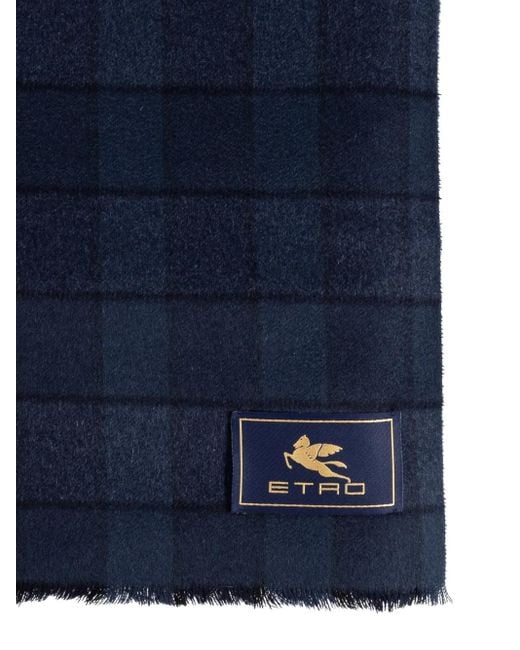 Etro Blue Checked Wool-Cashmere Blend Scarf for men