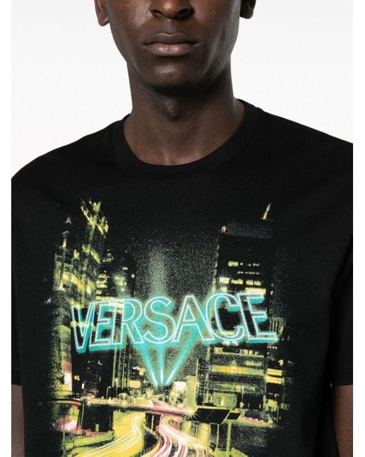 Versace Crew Neck T -shirt Met City Lights Print in het Black voor heren