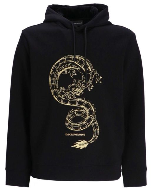 Emporio Armani Black Dragon-embroidered Hoodie for men