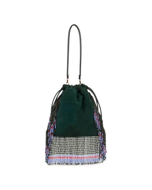 Etro Green Small Suede Kalispera Bag With Floral Embroidery And Beads