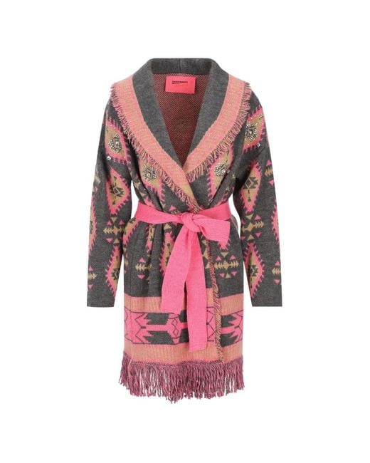 COLOUR MARKET® Pink Geometric-Pattern Fringed Cardigan