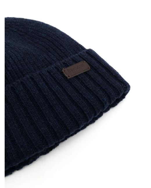 Barbour Blue Logo-Patch Ribbed-Knit Beanie for men