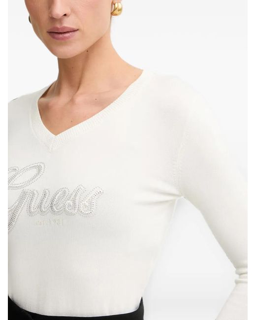 Guess White Embellished V-Neck Sweater