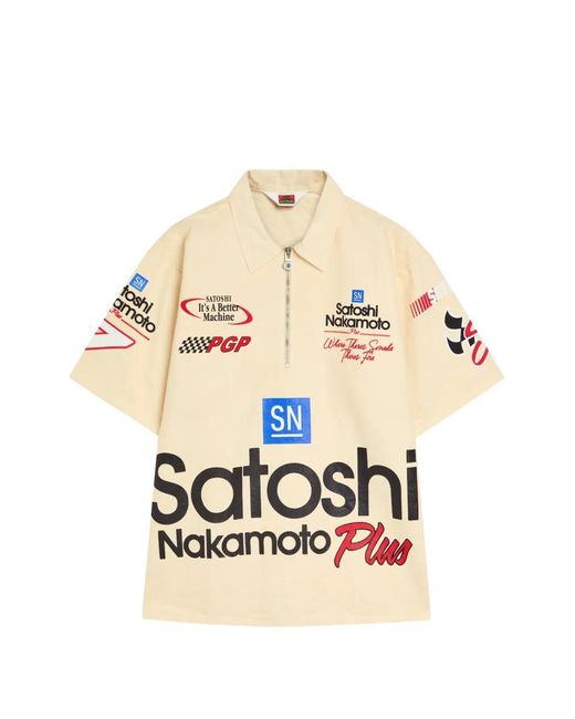 Satoshi Nakamoto White Zip Graphic Polo Shirt for men