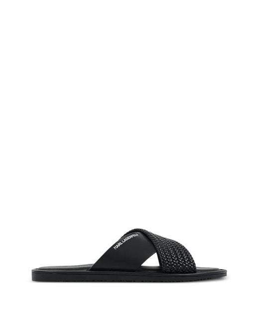 Karl Lagerfeld Black Woven Crossover-Strap Slides for men