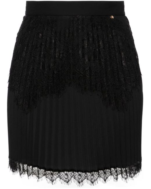 Nissa Black Lace-trim Pleated Miniskirt