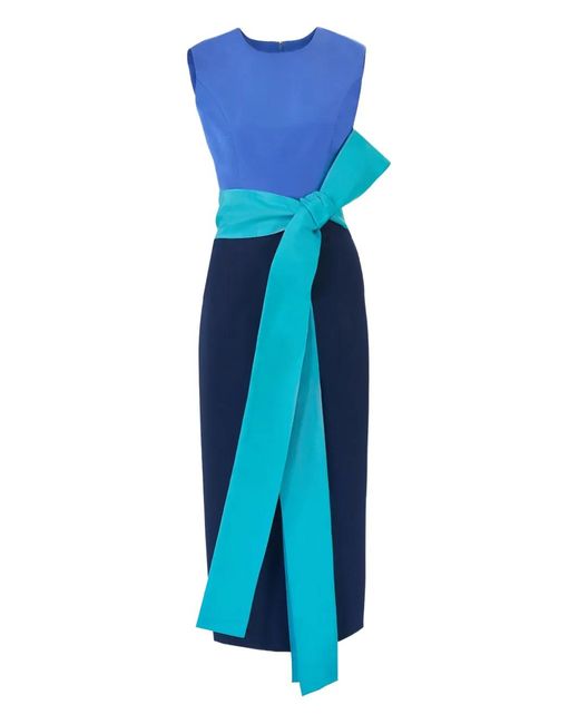 Carolina Herrera Blue Color-Blocked Midi Dress With Sash