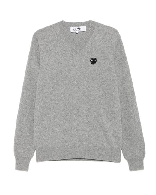 COMME DES GARÇONS PLAY Gray Heart-Embellished V-Neck Sweater