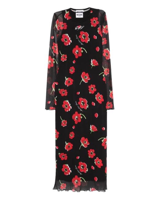 Moschino Red Floral-Print Midi Dress