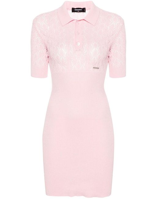 DSquared² Pink Lochstrick-Kleid mit Polokragen