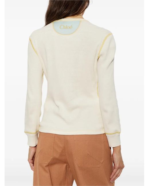 Chloé White Contrast-Stitch Button-Placket Long-Sleeve Top
