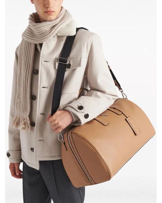 Prada Natural Triangle-Logo Leather Large Bag