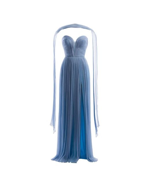 IMROSKA Blue Iris Pleated Strapless Maxi Gown Dress