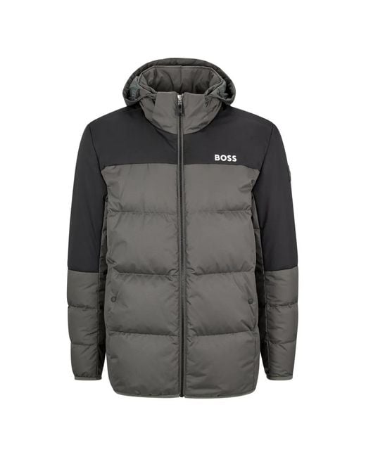 Boss Gray Logo-Print Hooded Down Jacket for men