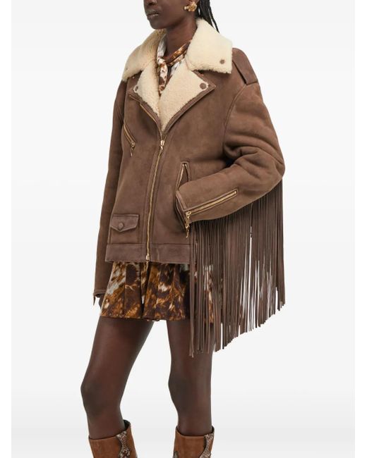 Roberto Cavalli シアリングトリム レザージャケット Brown