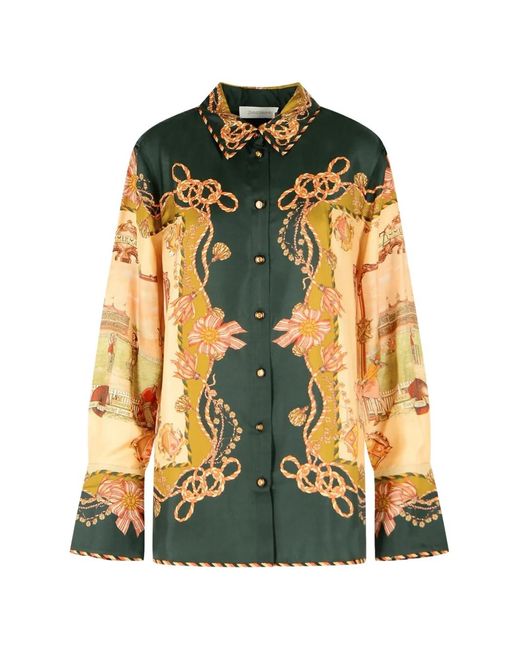 Zimmermann Green Valiant Graphic-Print Silk Shirt