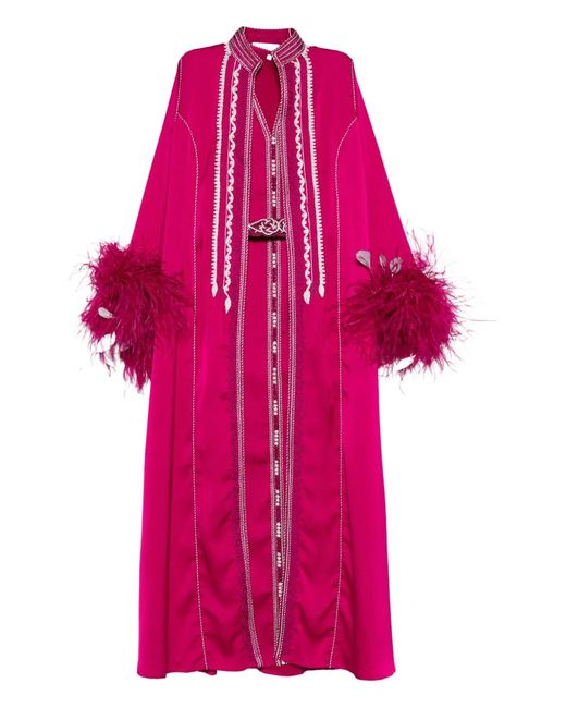 Reem Al Dhaheri Pink Embroidered Feather Kaftan Set