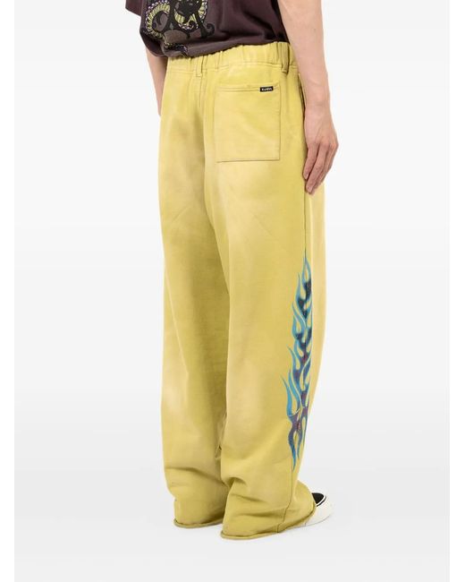 KAMIYA Yellow Flame-Print Distressed Trousers for men