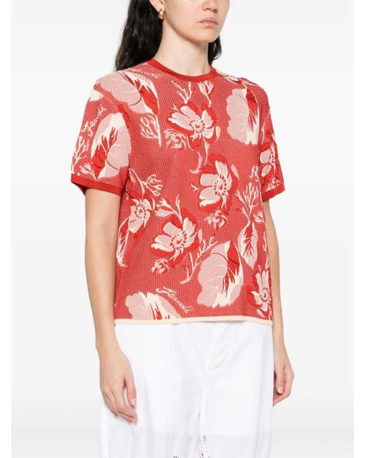 Fendi Red Floral-Pattern Short-Sleeved T-Shirt