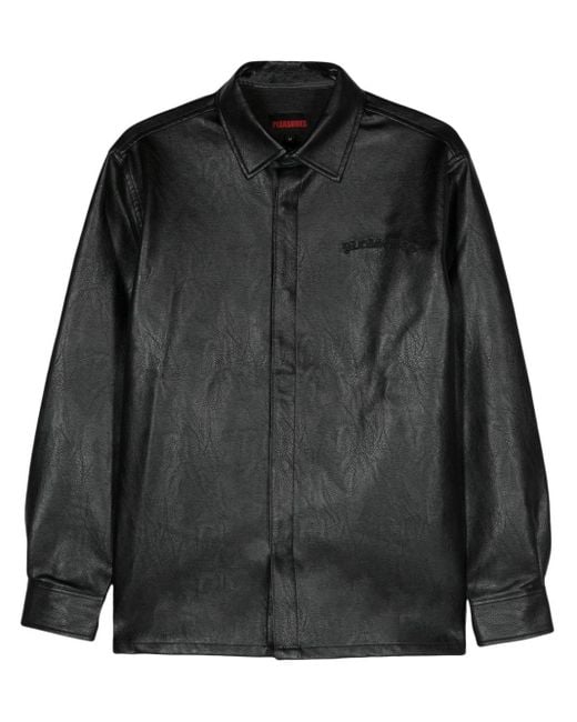 Pleasures Black Logo-embroidered Faux-leather Shirt for men