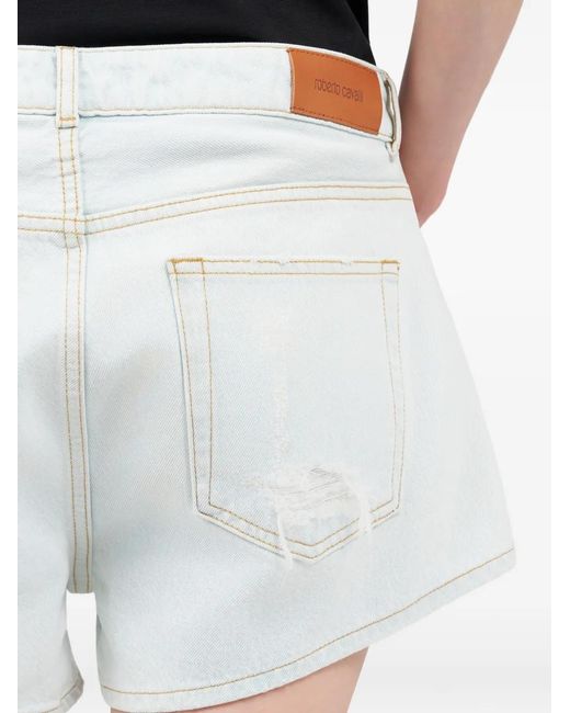 Roberto Cavalli White Distressed-Details Denim Shorts