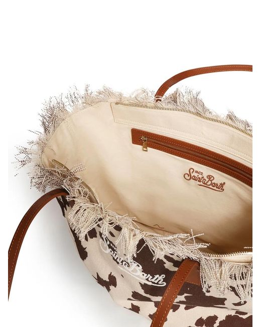 Mc2 Saint Barth Pink Fringed-Details Cow-Print Cotton Tote Bag