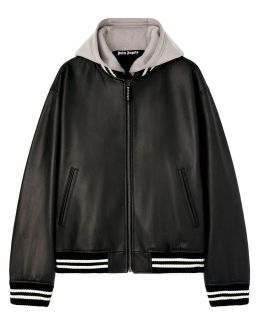 Palm Angels Black Curved Logo Leather Bomber for men