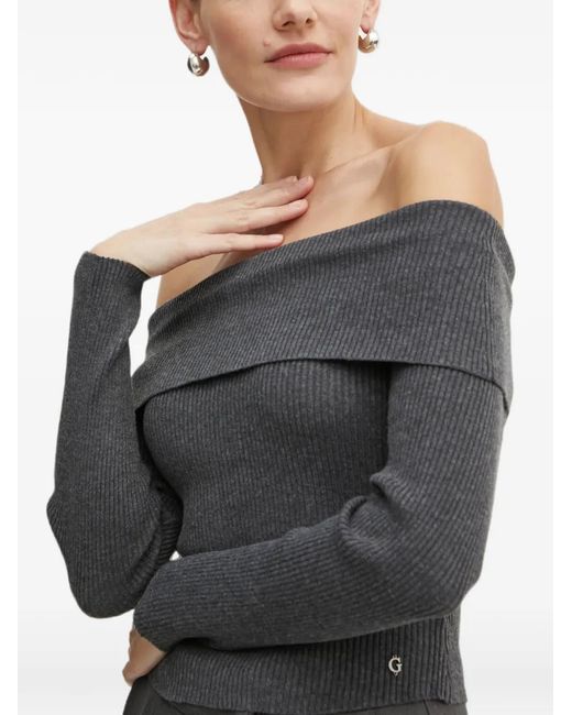 Guess Gray Off-Shoulder Ribbed Sweater