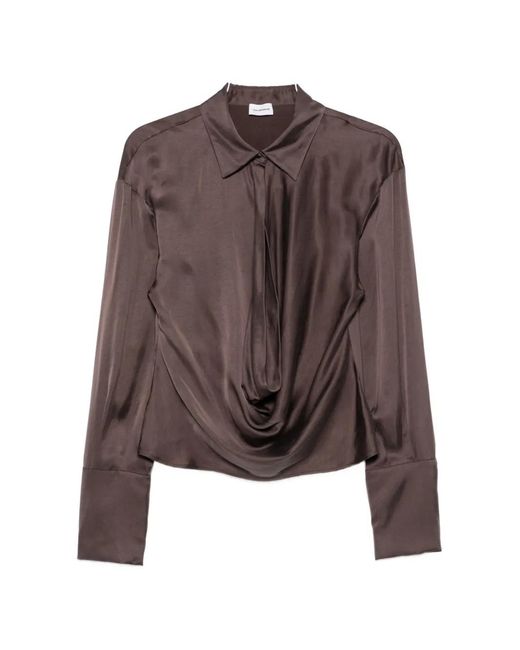 ANDAMANE Brown Lidia Satin-Finish Long-Sleeve Blouse