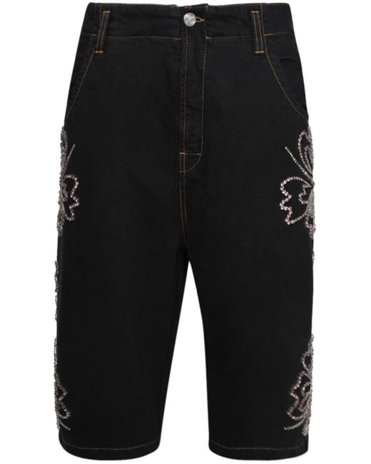 Bluemarble Black Floral-embroidered Cotton Shorts for men