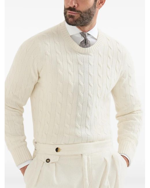 Brunello Cucinelli White Cable-Knit Cashmere Sweater for men