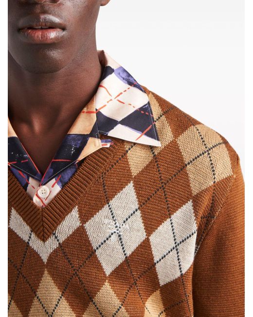 Prada Brown Argyle Intarsia-knit Jumper for men