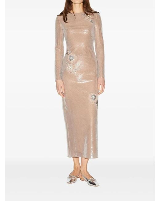 Huishan Zhang Natural Davida Sequin-Embellished Floral Midi Dress