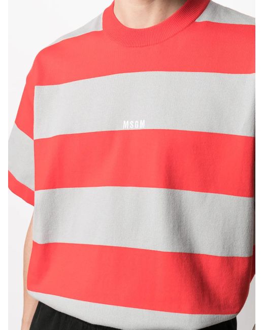 MSGM Red Logo-Print Striped T-Shirt for men