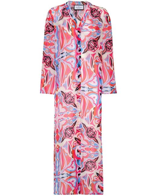 Philipp Plein Red Kaleidoscopic-Print Silk Kaftan