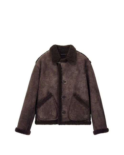Giorgio Armani Brown Shearling-Trim Leather Jacket for men