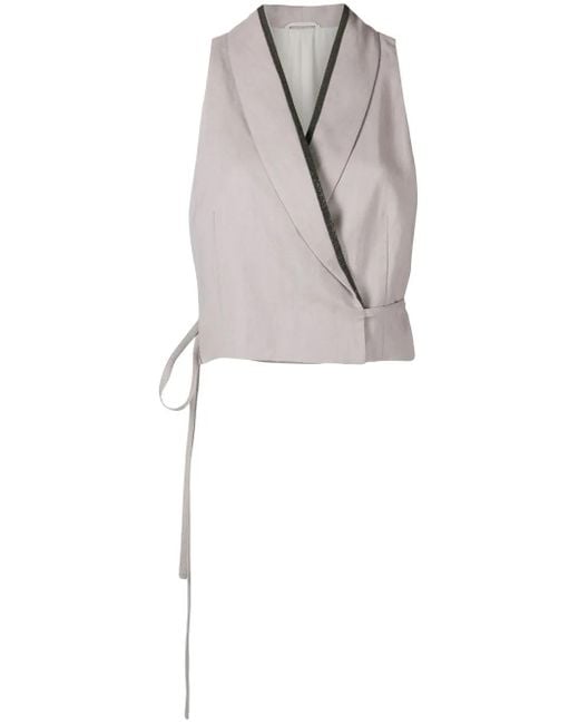 Brunello Cucinelli White Cropped Silk-Linen Gilet Jacket